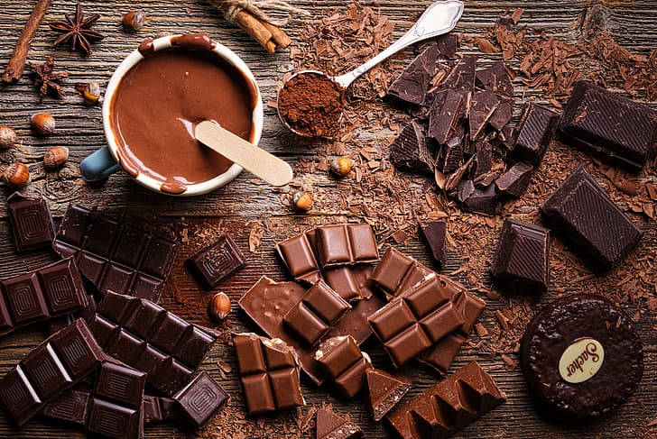 chocolate, nuts, chips, cocoa, HD wallpaper