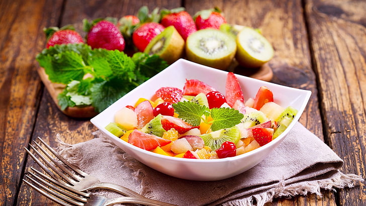 salad, fruit, vegetarian food, strawberries, strawberry, superfood, diet food, HD wallpaper