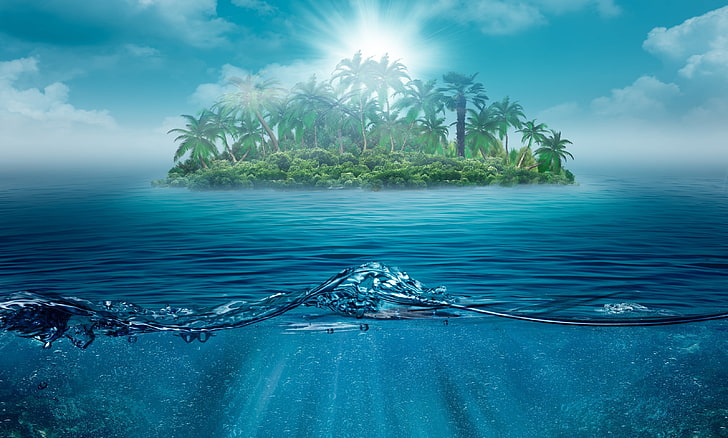 ilustrasi pulau dan laut, kesepian, pulau, lautan, alam, lanskap, laut, air, pohon, telapak tangan, Wallpaper HD