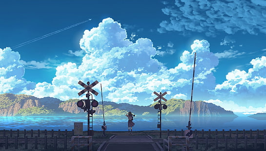 Anime, Original, Wolke, Wald, Mädchen, Berg, Natur, Eisenbahn, Landschaft, Meer, HD-Hintergrundbild HD wallpaper