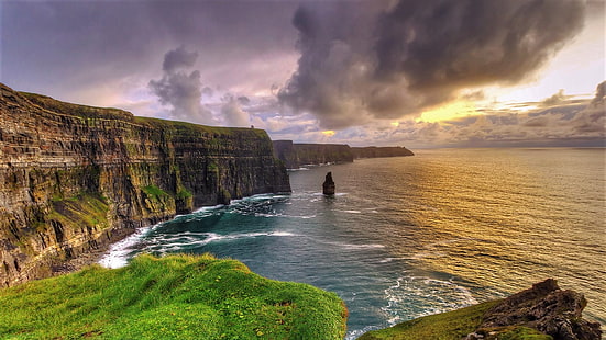 скалы, побережье, береговая линия, земля, горизонт, ирландия, мохер, океан, море, HD обои HD wallpaper