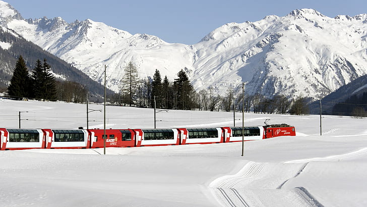 przyroda, krajobraz, pociąg, kolej, Szwajcaria, góry, zima, śnieg, drzewa, las, Alpy, Tapety HD