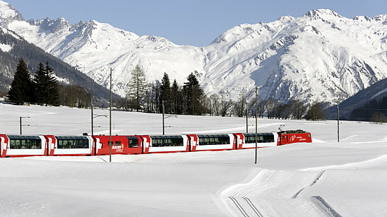 природа, пейзаж, поезд, железная дорога, Швейцария, горы, зима, снег, деревья, лес, Альпы, HD обои HD wallpaper