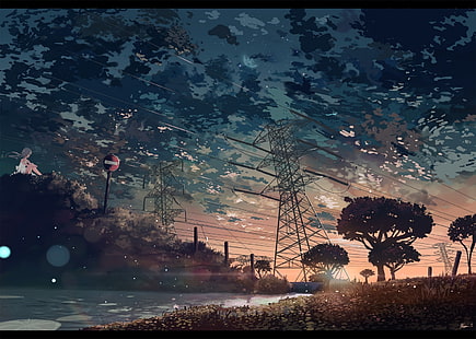 graue Utility Post animierte Illustration, Anime, Wolken, Bäume, See, Sonnenuntergang, Landschaft, HD-Hintergrundbild HD wallpaper
