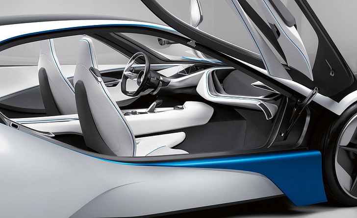 BMW Vision, coupé bianco e blu, automobili, BMW, auto, interni auto, visione bmw, Sfondo HD