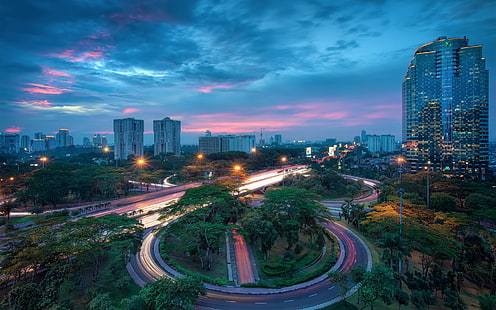 Indonezja, miasto Dżakarta, domy, budynki, drapacze chmur, noc, ulica, światła, Indonezja, Dżakarta, miasto, domy, budynki, drapacze chmur, noc, ulica, światła, Tapety HD HD wallpaper