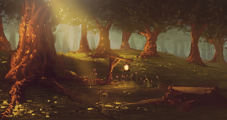 ilustrasi pohon berdaun hijau, hutan, pohon, malam, seni, lentera, pemandangan dilukis, Wallpaper HD