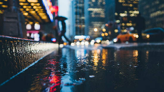 Blurred, bokeh, car, Cityscape, macro, rain, street, taxi, water, HD wallpaper HD wallpaper
