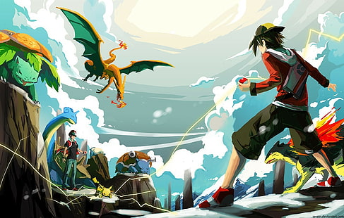Charizard, Merah (karakter), Pikachu, Blastoise, Typhlosion, Snorlax, Lapras, Pokémon, Emas (karakter), Venusaur, Wallpaper HD HD wallpaper