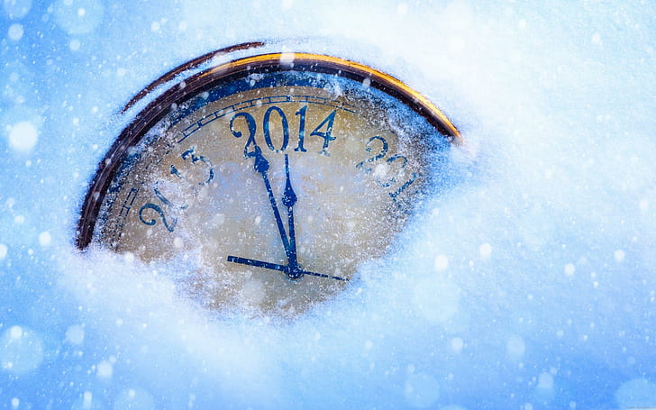 Snowy 2014 New Year clock, brass and black pocket watch, snow, 2014, clock, time, winter, diverse, HD wallpaper