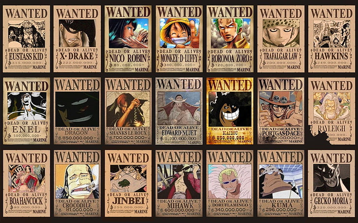 OnePiece ville lista, One Piece karaktär ville affisch collage foto, One Piece, anime, Monkey D. Luffy, Roronoa Zoro, Shanks, Portgas D. Ace, Silvers Rayleigh, Jinbei, Dracule Mihawk, HD tapet