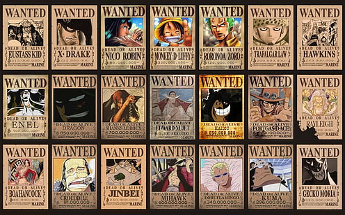 OnePiece wanted list, One Piece character wanted poster collage photo, One Piece, anime, Monkey D. Luffy, Roronoa Zoro, Shanks, Portgas D. Ace, Silvers Rayleigh, Jinbei, Dracule Mihawk, HD wallpaper HD wallpaper