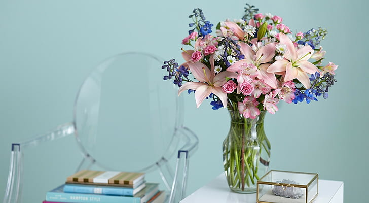 bunga, vas, karangan bunga, lukisan alam benda, mawar, bunga merah muda, Wallpaper HD
