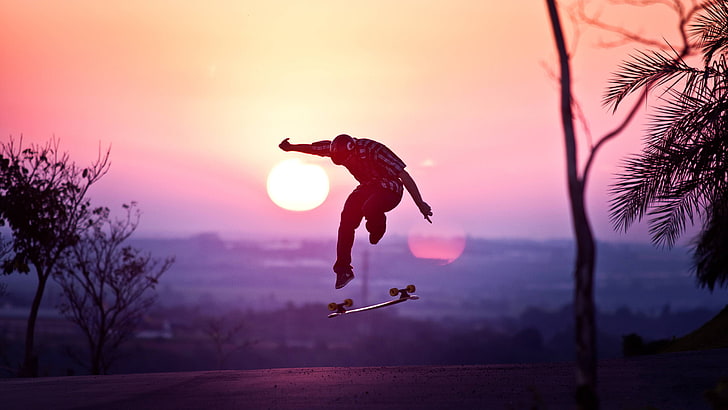 skateboard, skateboard, solnedgång, asfalt, skateboard, stunts, HD tapet