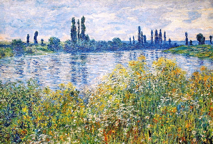 çim alanlar arasında su kütlesi boyama, gökyüzü, çimen, ağaçlar, manzara, çiçekler, nehir, resim, Claude Monet, HD masaüstü duvar kağıdı