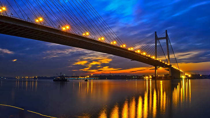 Мост Хугли, река, бетонный мост под голубым небом, мост, река, вечер, свечение, Индия, Мост Хугли, Ганг, Калькутта, Западная Бенгалия, HD обои