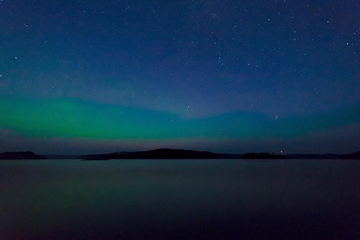 зеленое северное сияние, природа, вода, звёзды, туманность, HD обои