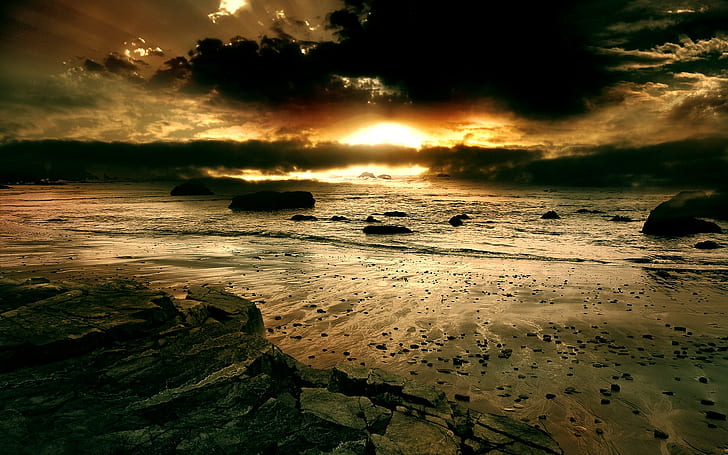 ภูมิทัศน์น้ำชายหาดพระอาทิตย์ตกท้องฟ้าชายฝั่งแสงแดด, วอลล์เปเปอร์ HD