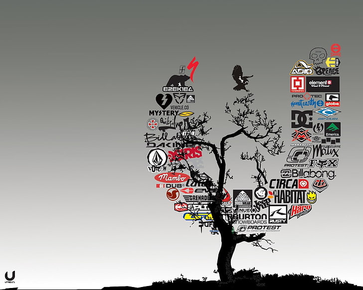 różne ilustracje logo marki, drzewa, marki, deskorolka, surfing, Tapety HD