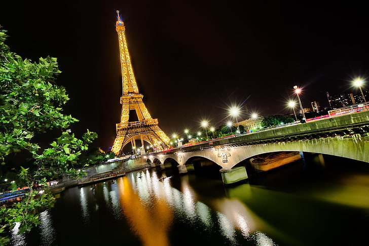 Eiffel Tower, Paris, light, night, bridge, the city, river, France, Paris, Hay, Eiffel Tower, La tour Eiffel, HD wallpaper