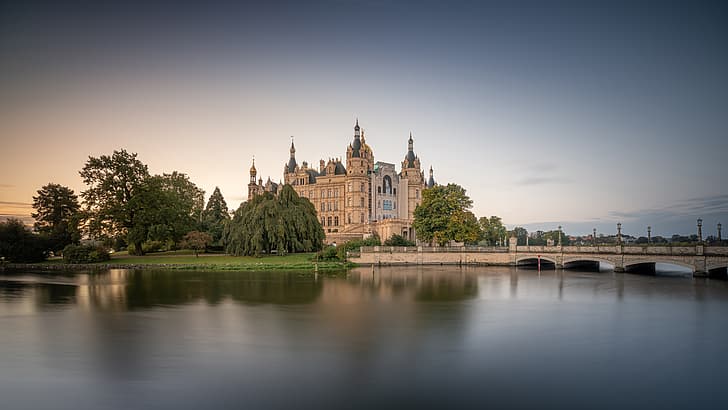 trees, bridge, lake, castle, Germany, Palace, Schwerin, Schwerin Castle, Lake Schwerin, Schwerin Palace, Озеро Шверин, Schloss Schwerin, HD wallpaper