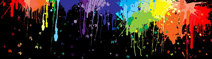 red, blue, purple, and green splash paint artwork, paint splatter, colorful, multiple display, butterfly, artwork, HD wallpaper