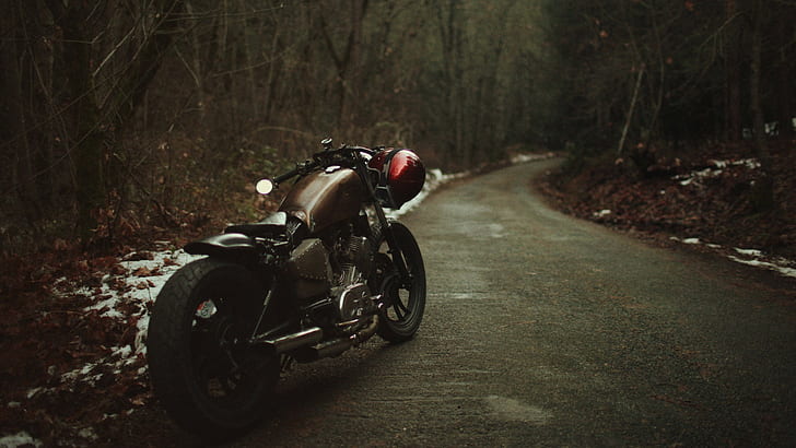 Одинокий мотоцикл в лесу, лес, одинокий, мотоцикл, мотоциклы, HD обои