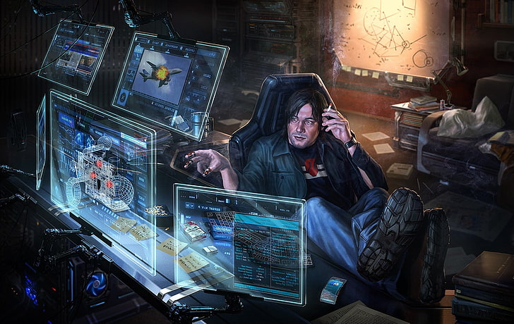 мъж, седнал на подвижен стол, сочещ към цифровия тапет на монитора, Shadowrun, киберпънк, HD тапет