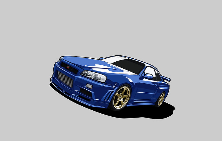 синьо спортно купе илюстрация, нисан, силует, gt-r, r34, gtr, синьо, минимализъм, HD тапет