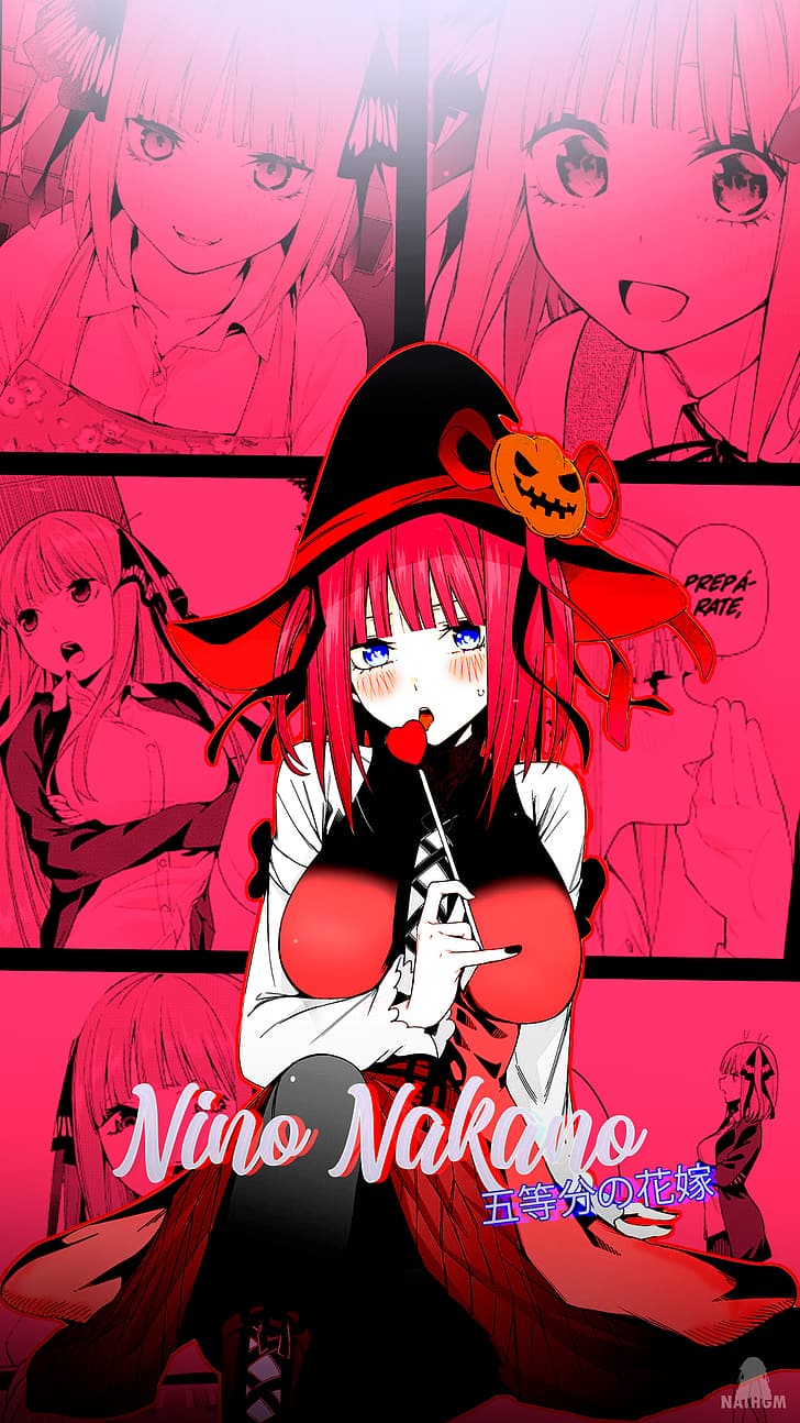 gadis anime, manga, Nakano Nino, 5-toubun no Hanayome, kolase, merah, lanskap anime, Wallpaper HD, wallpaper seluler