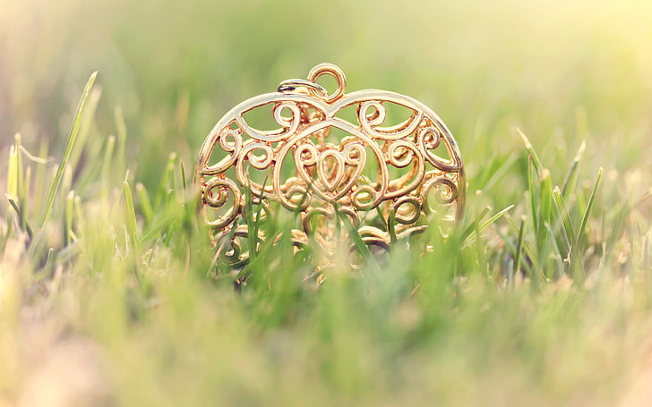 gold-colored heart pendant, grass, metal, lawn, pattern, pendant, heart, HD wallpaper