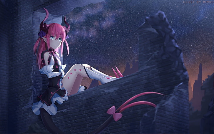 pink hair female anime character digital wallpaper, boots, dress, Fate/Extra, Fate Series, small boobs, gray eyes, horns, knee-highs, long hair, night, pink hair, pointed ears, space, watermarked, sky, HD wallpaper