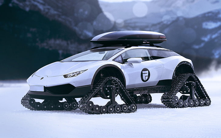 concept cars, Lamborghini, snow, Lamborghini Huracan, Caterpillar, white cars, vehicle, Lamborghini Huracán LP610-4, HD wallpaper
