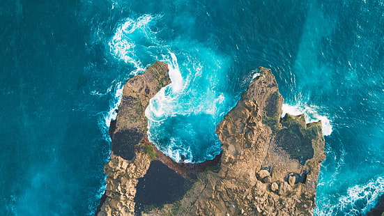 mer bleue, paysage, vue aérienne, mer, eau, côte, roches, cyan, vagues, Fond d'écran HD HD wallpaper