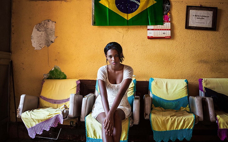 women, Brasil, brunette, dress, white dress, flag, HD wallpaper