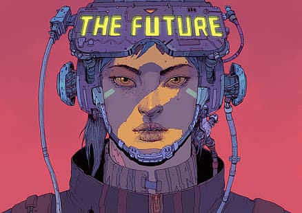 Josan Gonzalez, cyberpunk, karya seni, seni digital, fiksi ilmiah, latar belakang sederhana, latar belakang merah muda, wanita, futuristik, menggambar, Wallpaper HD HD wallpaper