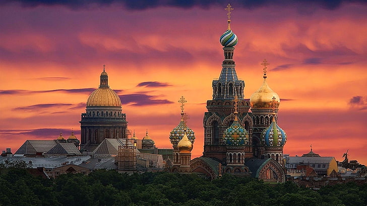 dusk, st petersburg, orange sky, orthodox, church, cathedral, church on the blood, evening, russia, urban area, sky, st. petersburg, cloud, tower, city, tourist attraction, spire, cityscape, landmark, HD wallpaper