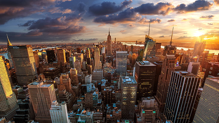 검은 색과 흰색 콘크리트 고층 건물, 도시, 위에서보기, 고층 빌딩, 중심지, 건축, 뉴욕, HD 배경 화면