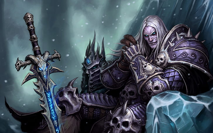 WoW, World of Warcraft, Arthas, Evil, Pearls, Armor, Sword Frostmourne, Powerful, The Lich King, Knight of the Silver Hand, Son of King Terenas Menethil II, He was trained as a Paladin by Uther the Lightbringer, Became a Death Knight, Arthas Menethil, Sitting on a The Frozen Throne, Crown Prince of Lordaeron, HD wallpaper