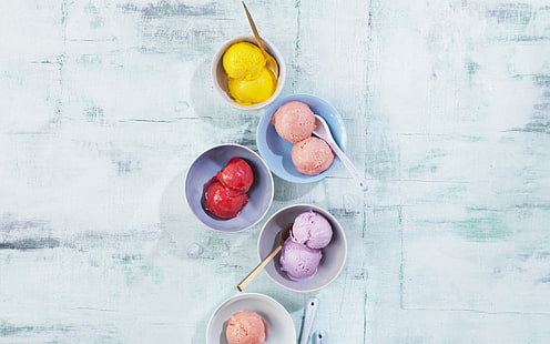 еда, разноцветная, мороженое, миски, ложки, HD обои HD wallpaper