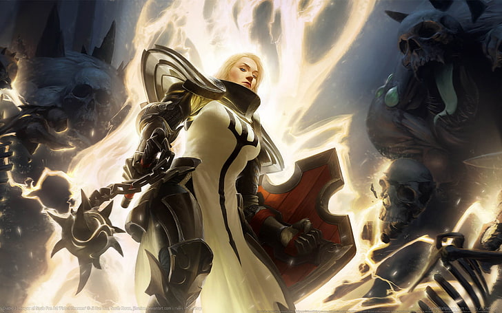 خلفية شخصية أنثى paladin ، أسلحة ، دروع ، خيال ، جمجمة ، درع ، هياكل عظمية ، خلفيات لعبة ، Diablo 3 ، Crusader ، Mace ، Diablo 3: Reaper of Souls Fan Art ، Ji Hun Lee ، قبضة السماوات، خلفية HD