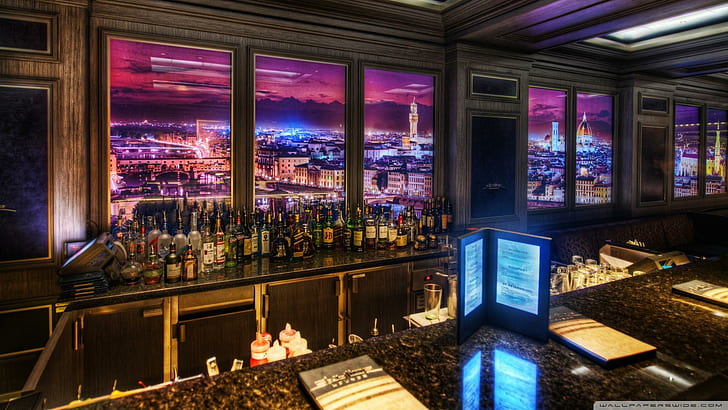 Skyline Bar Hdr, assorted wine bottles, view, colors, nature and landscapes, HD wallpaper