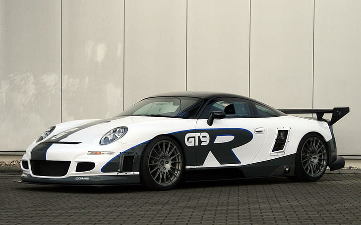 Porsche Gt9, grey alloys, race modified, black, two seater, rear engine, race car, white, cars, HD wallpaper