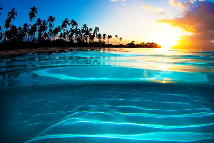 plan d'eau cristallin, liquide, cristal, coucher de soleil, mer, plage, palmiers, nuages, tropical, turquoise, jaune, nature, paysage, Fond d'écran HD