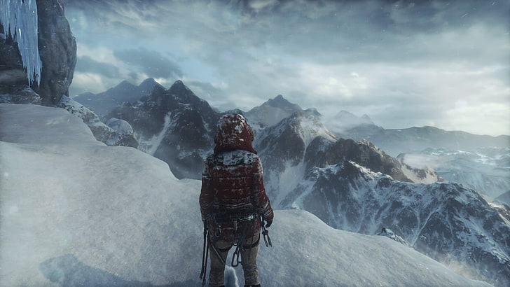 человек, стоящий на снежных обоях, Tomb Raider, Лара Крофт, PlayStation 4, HD обои