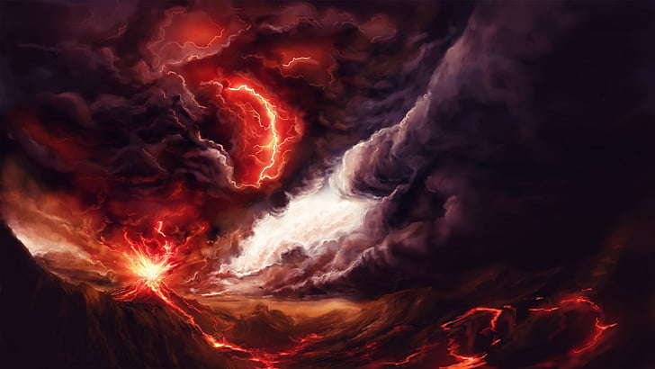 art, explosion, fire, lightning, mountains, smoke, storm, volcano, HD wallpaper