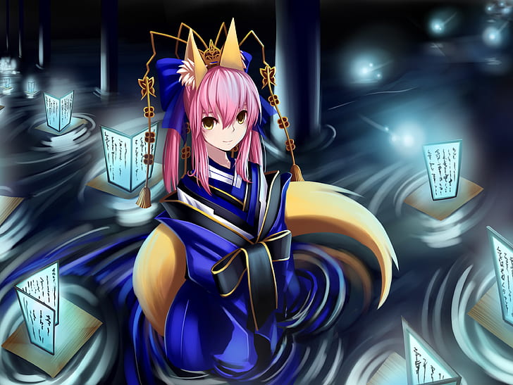 caster, clothes, extra, fate, foxgirl, hair, japanese, night, pink, rhys1356, stay, HD wallpaper