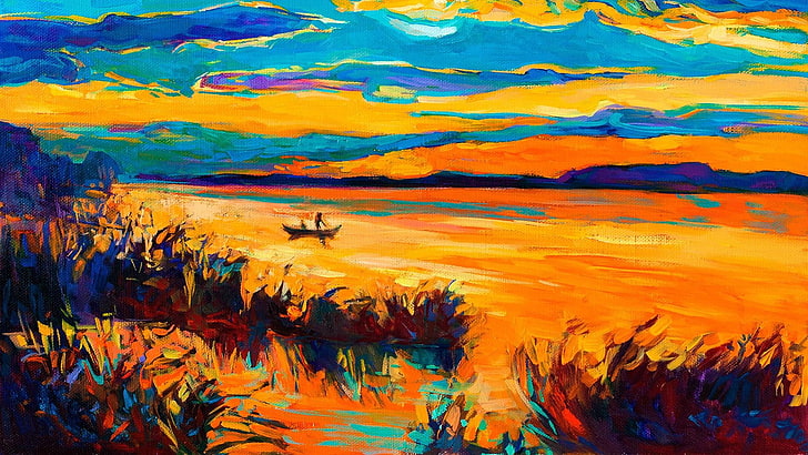painting, boat, water, lake, colored, sky, art, wetland, painting art, impressionist, field, oil painting, landscape, modern art, paint, golden autumn, HD wallpaper