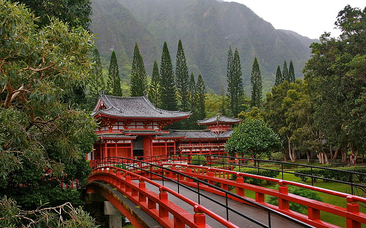 red torii gate, japan, bridge, trees, red, mountains, architecture, HD wallpaper
