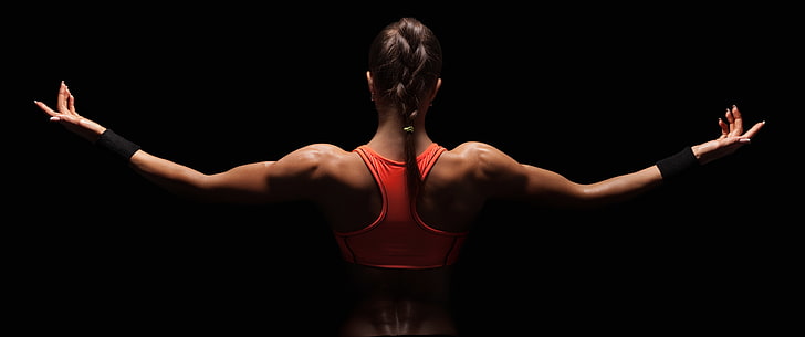 women's red crop top, woman, back, workout, fitness girl, HD wallpaper